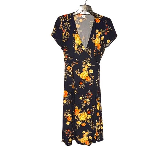 Old Navy Midi Floral Wrap Dress Navy & Multicolor Rayon Boho Retro Romantic - Picture 1 of 9